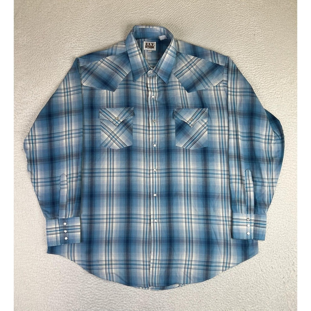 Ely Cattleman Mens 2XL Blue Plaid Western Pearl Snap Long Sleeve Shirt